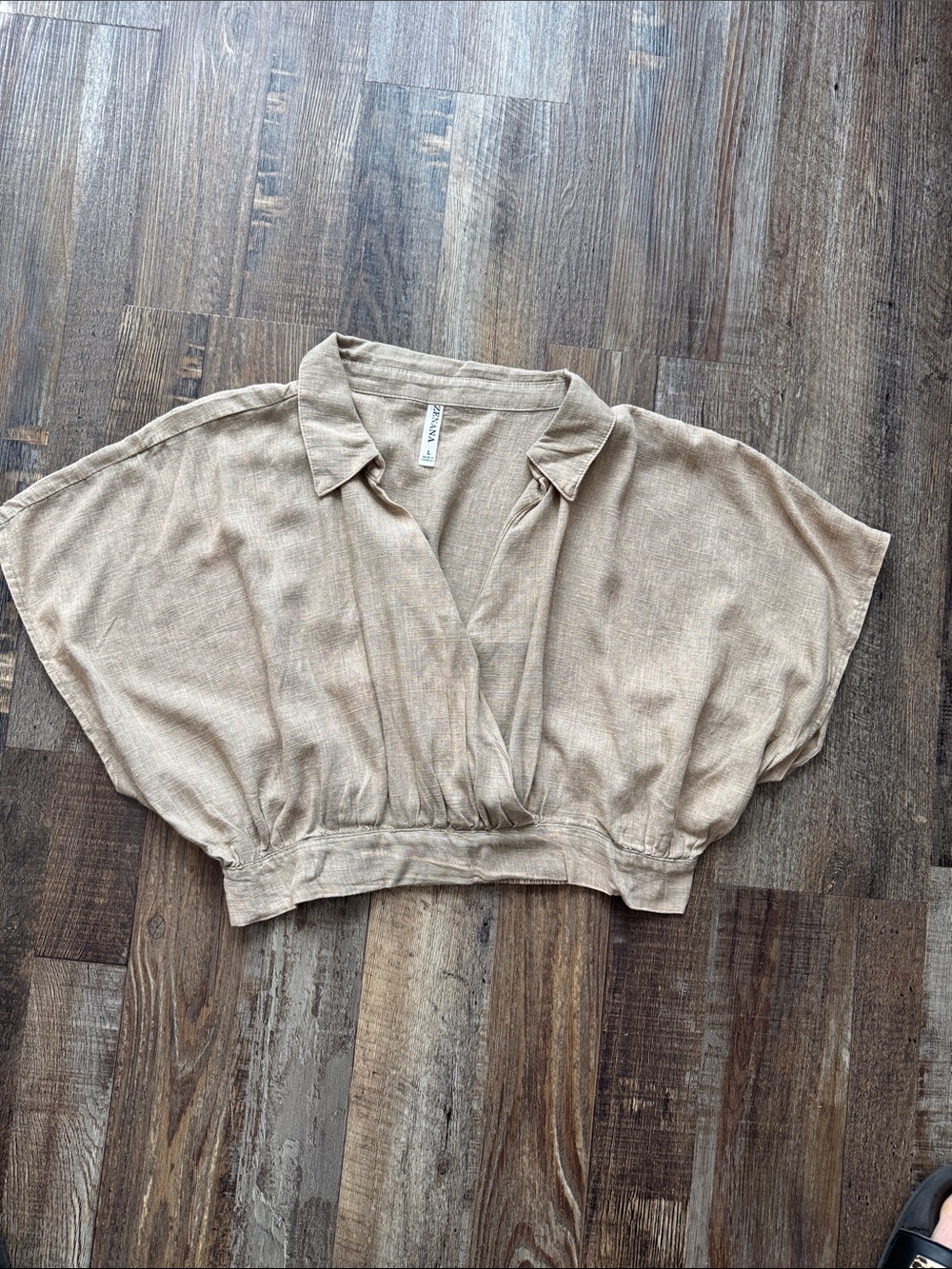 Neutral Beige Cropped Collared V-Neck Top